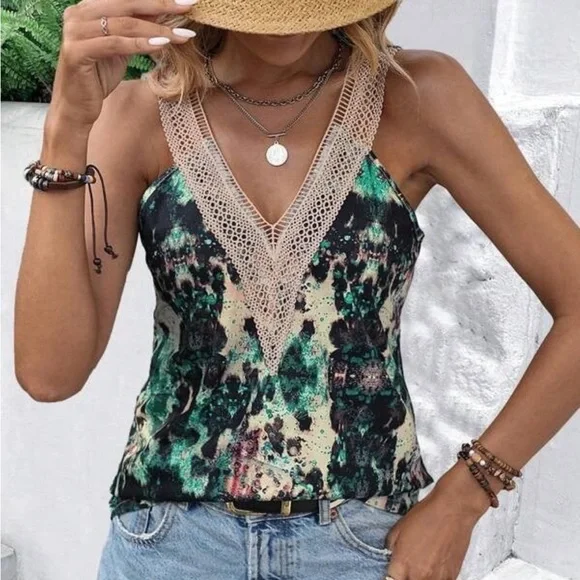 Brand new Teal Leopard Tan Lace Vneck Tank! - Picture 1 of 12